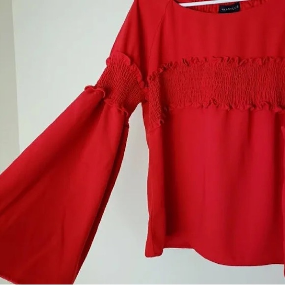 Amaryllis Apparel ruffled blouse Long Bell Sleeves solid Red Size Small - Picture 10 of 15